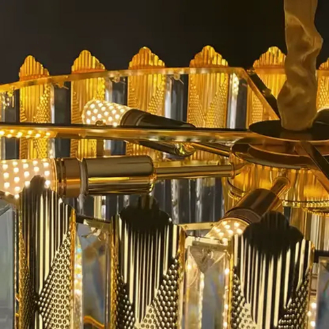 Candelabru Cristal BUCKINGHAM Eleganza 7x E14, Diametru 49cm, Auriu Lucios, Inaltime Reglabila [1]