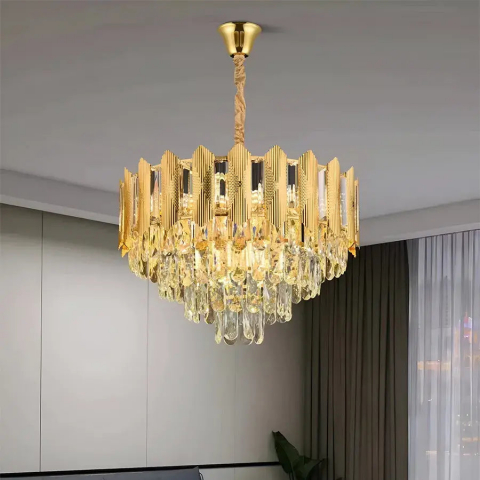 Candelabre Moderne - Candelabru Cristal BUCKINGHAM Nobile 5xE14, Diametru 40cm, Auriu Lucios, Inaltime Reglabila