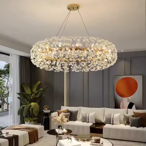 Corpuri de Iluminat - Candelabru Cristal SEGOVIA Magno 5x E14, Diametru 60cm, Auriu Lucios, Inaltime Reglabila