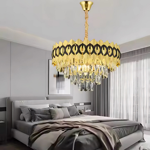 Candelabre & Cristale - Candelabru Cristal Eleganza 8xE14 Ø49cm – Auriu Lucios, Înălțime Reglabilă, Design Clasic Elegant pentru Living, Dining sau Dormitor