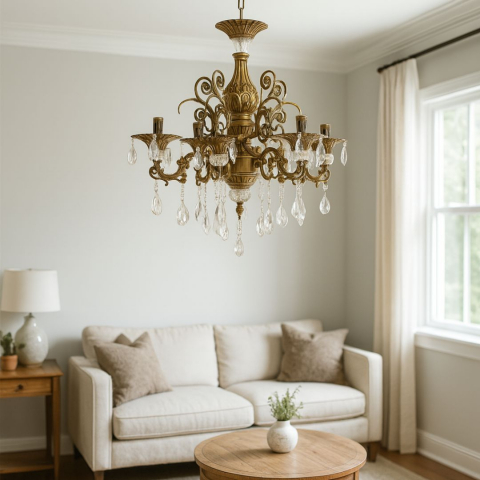 Candelabre Clasice - Candelabru Cristal SANSSOUCI Magno, 6xE14, Diametru 60cm, Alama Antichizata