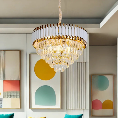 Candelabre Moderne - Candelabru Cristal VERSAILLES Nobile 4xE14, Diametru 40cm, Auriu Lucios si Alb, Inaltime Reglabila