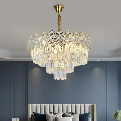 Candelabre Moderne - Candelabru Cristal WINDSOR Nobile 5xE14, Diametru 40cm, Auriu Lucios, Inaltime Reglabila