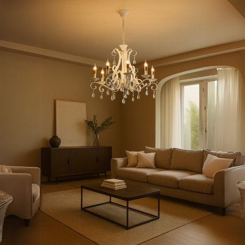 Candelabre & Cristale - Candelabru DELLI SANTI 6xE14, Diametru 49cm, Alb, Inaltime Reglabila