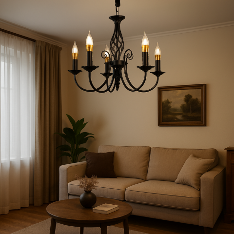 Candelabre Clasice - Candelabru Perla, 5xE14, Negru, Inaltime Reglabila