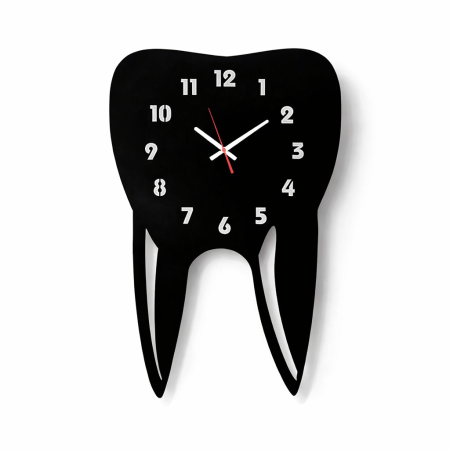 Ceasuri deco si personalizate - Ceas Decorativ în Formă de Dinte din Lemn Tăiat Laser – Negru Mat | Decor Cabinet Stomatologic