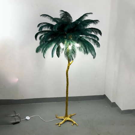 Veioze & Lampadare - Lampadar decorativ POL 170 cm, abajur din pene fine, 5xE14, Verde Închis & Auriu Mat