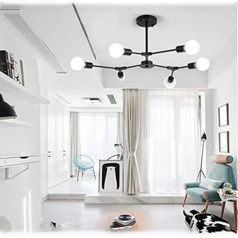 Lustra moderna 6 becuri E27, design industrial, metal negru, stil hexagonal [2]