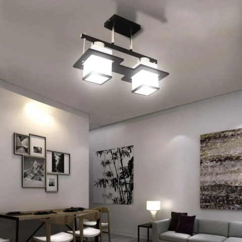 Lustre Clasice - Lustra clasica cu abajur patrat, 2x E27, finisaj alb-negru, lemn si metal