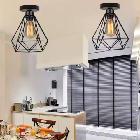 Lustra cu abajur tip diamant, E27, design negru mat [2]