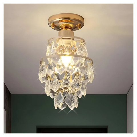 Lustre Clasice - Lustra decorativa cu cristale sintetice si finisaj auriu, montaj aplicat, 1xE27, design elegant pentru interior