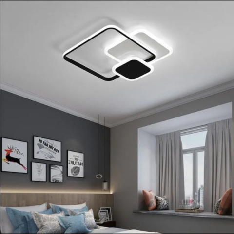 Lustra LED moderna 75W cu telecomanda, design abstract cu 3 patrate negre, dimabila, lumina rece/calda/neutra pentru living si spatii elegante [1]