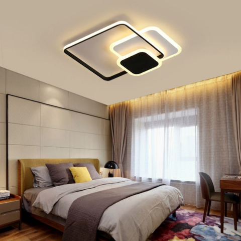 Lustre LED - Lustra LED moderna 75W cu telecomanda, design abstract cu 3 patrate negre, dimabila, lumina rece/calda/neutra pentru living si spatii elegante