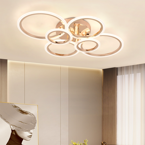 Lustre LED - Lustra LED 82W moderna cu 6 cercuri, lumina reglabila si telecomanda, design auriu