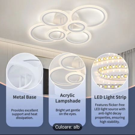 Lustra LED cu telecomanda 6 Cercuri, 82W, lumina Rece/Calda/Neutra, Dimabila, Alb [10]