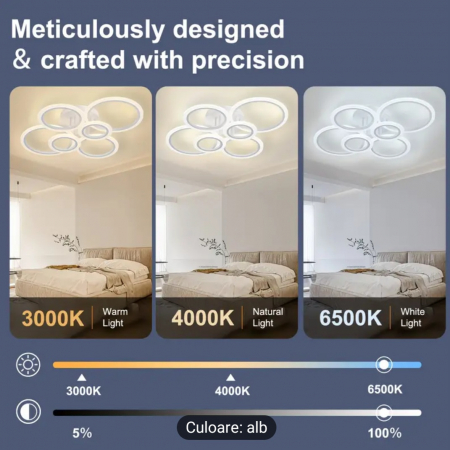 Lustra LED cu telecomanda 6 Cercuri, 82W, lumina Rece/Calda/Neutra, Dimabila, Alb [9]