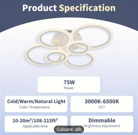 Lustra LED cu telecomanda 6 Cercuri, 82W, lumina Rece/Calda/Neutra, Dimabila, Alb [12]