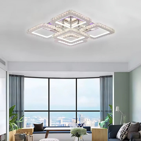 Lustra LED cu telecomanda cu cristal QUADRIA SUPREMO RGB, 148W, 5 Patrate, lumina Rece/Calda/Neutra, Dimabila, Crom Lucios [3]