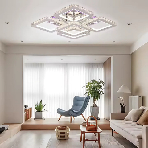 Lustra LED cu telecomanda cu cristal QUADRIA SUPREMO RGB, 148W, 5 Patrate, lumina Rece/Calda/Neutra, Dimabila, Crom Lucios [2]