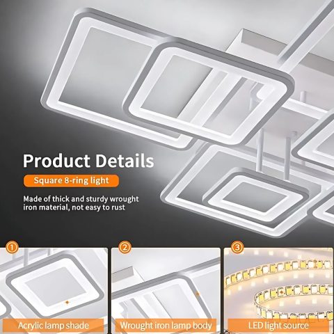 Lustra LED cu telecomanda ELLA 203W, 8 Patrate, lumina Rece/Calda/Neutra, Dimabila, Alb, Ideala pentru Living si Spatii Mari, LT130/8WH [1]