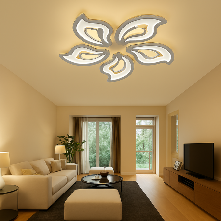 Lustre LED - Lustra LED 120W design floral 5 petale dimabila telecomanda lumina reglabila alb