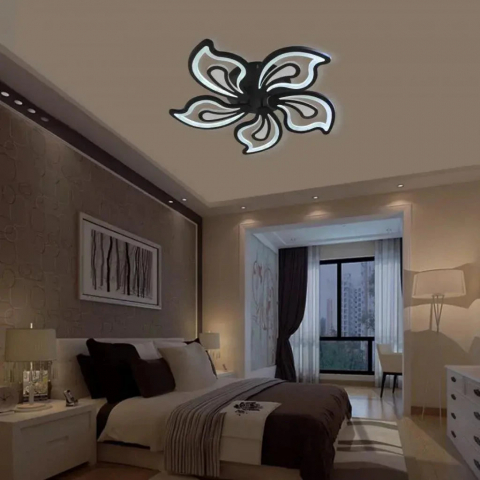 Lustră LED modernă 150W cu telecomandă, design elegant 5 petale negre, intensitate reglabilă și lumină rece/caldă/neutră pentru livinguri și spații mari [1]