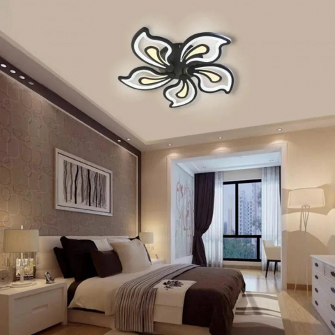 Lustre LED - Lustră LED modernă 150W cu telecomandă, design elegant 5 petale negre, intensitate reglabilă și lumină rece/caldă/neutră pentru livinguri și spații mari
