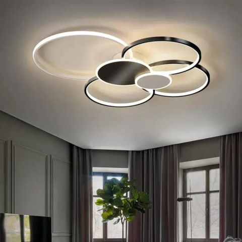 Lustra LED cu telecomanda KILLIAN 74W, 6 Cercuri, lumina Rece/Calda/Neutra, Dimabila, Negru Alb