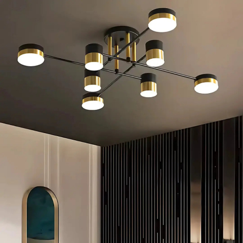 Lustre LED - Lustra LED 32W dimabila cu telecomanda, 8 elemente, negru-auriu