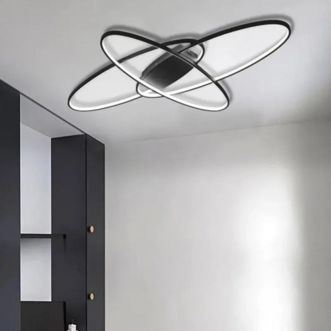 Lustra LED 140W cu telecomanda, dimabila, 3 elemente ovale, lumina rece calda neutra, design modern negru [2]