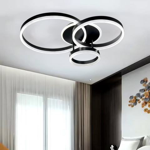 Lustre LED - Lustra LED cu telecomanda RIGA LILITH, 94W, 3 Cercuri, lumina Rece/Calda/Neutra, Dimabila, Negru