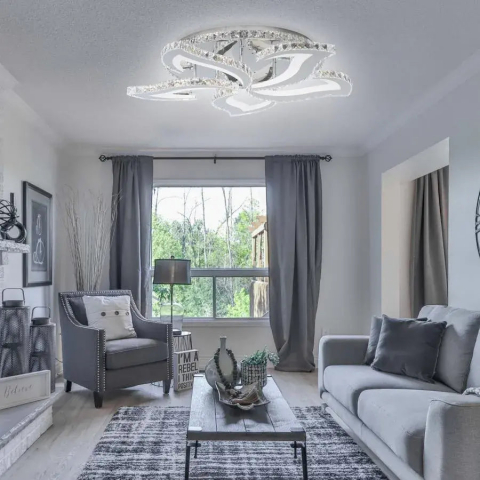 Lustre LED - Lustra LED cu telecomanda si cristal Alejandro RGB 89W, 5 Flori, lumina Rece/Calda/Neutra, Dimabila, Crom Lucios