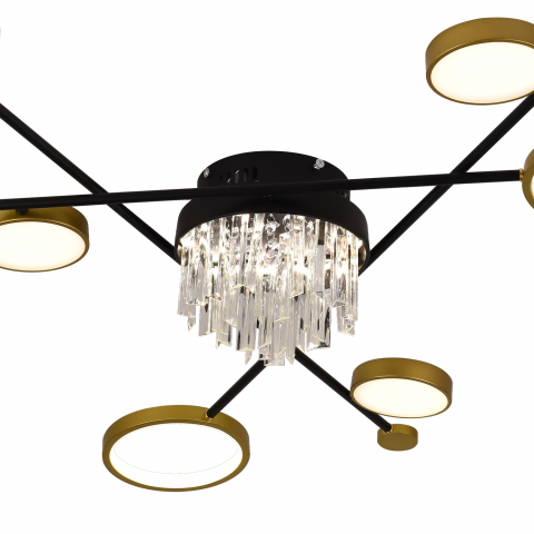 Lustra LED cu telecomanda si cristal GUIDA 38W, 6 Elemente, lumina Rece/Calda/Neutra, Dimabila, Negru Auriu [3]