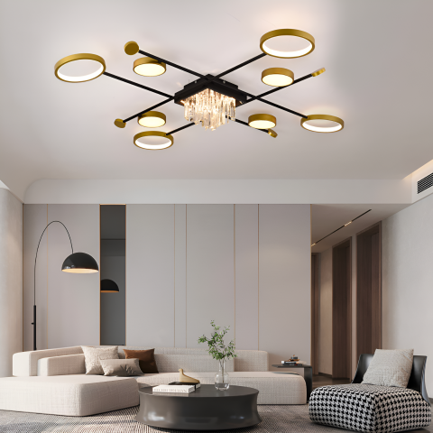 Lustre LED - Lustra LED cu telecomanda si cristal GUIDA 46W, 8 Elemente, lumina Rece/Calda/Neutra, Dimabila, Negru Auriu