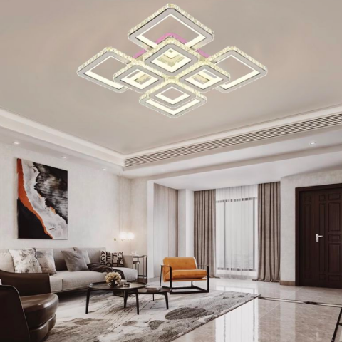 Lustre LED & Cristale - Lustra LED cu telecomanda si cristal LEILA 237W, 8 Patrate, lumina Rece/Calda/Neutra, Dimabila, Alb Crom Lucios