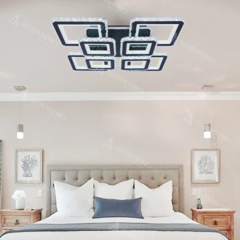 Corpuri de Iluminat - Lustra LED 240W cu 8 patrate si cristale, lumina RGB rece calda neutra, dimabila cu telecomanda, design modern negru crom lucios