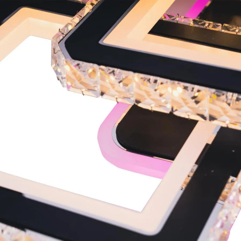 Lustra LED 240W cu 8 patrate si cristale, lumina RGB rece calda neutra, dimabila cu telecomanda, design modern negru crom lucios [1]