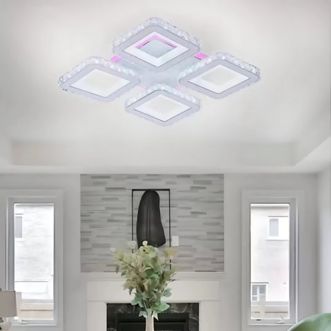 Lustre LED Aplicate - Lustra LED cu telecomanda si cristal LEILA RGB 79W, 4 Patrate, lumina Rece/Calda/Neutra, Dimabila, Alb Crom Lucios