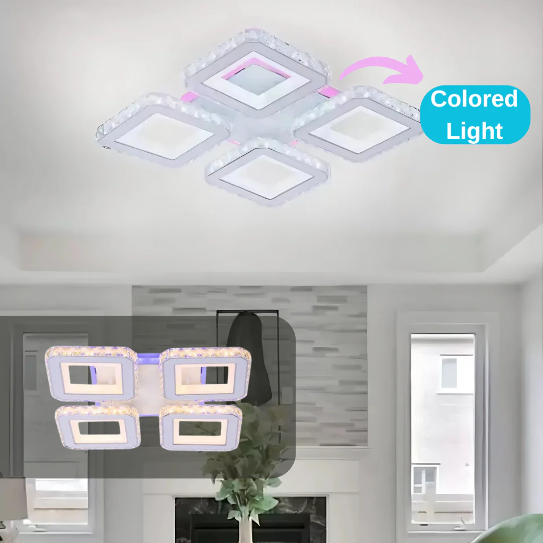 Lustra LED RGB cu telecomanda, 4 forme patrate, lumina reglabila si accente cristal