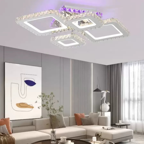 Lustre LED - Lustra LED Alessandro, telecomandă, 4 patrate, RGB și alb, crom lucios, 60W