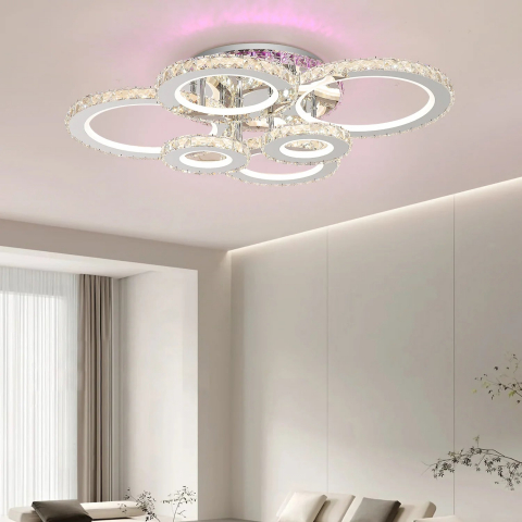 Lustre LED - Lustra LED cu telecomanda si cristal NOVA ROTONDA RGB 152W, 6 Cercuri, lumina Rece/Calda/Neutra, Dimabila, Crom Lucios