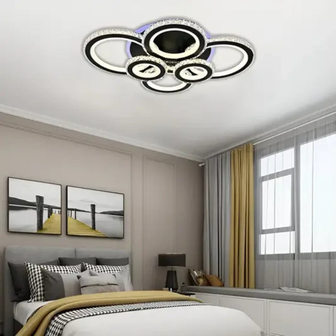 Lustre LED & Cristale - Lustra LED cu telecomanda si cristal NOVA ROTONDA RGB 154W, 6 Cercuri, lumina Rece/Calda/Neutra, Dimabila, Negru