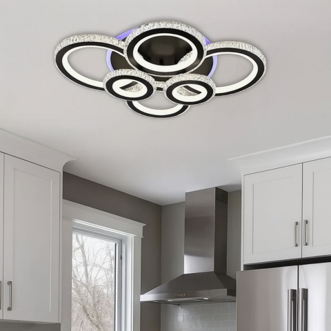 Lustra LED cu telecomanda si cristal NOVA ROTONDA RGB 154W, 6 Cercuri, lumina Rece/Calda/Neutra, Dimabila, Negru [3]