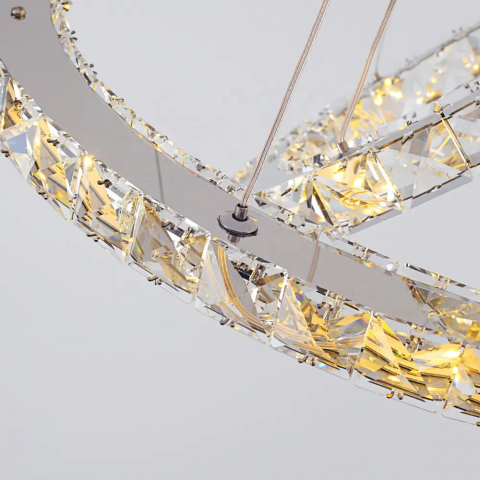 Lustra LED suspendata cu telecomanda si cristal PRISM LUMINIS 78W, 3 Cercuri, lumina Rece/Calda/Neutra, Dimabila, Argintiu, Inaltime Reglabila [1]