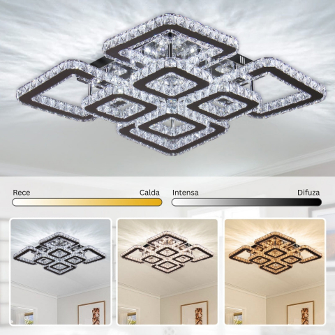 Lustra LED cu telecomanda si cristal QUADRIA SUPREMO RGB 198W, 8 Patrate, lumina Rece/Calda/Neutra, Dimabila, Crom Lucios [2]