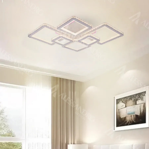 Corpuri de Iluminat - Lustra LED moderna cu telecomanda RGB, 6 patrate, lumina rece calda neutra, 170W, dimabila, alba