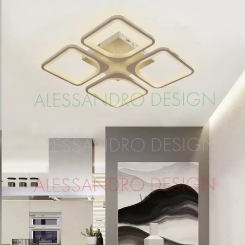 Lustra LED, telecomanda, 52W, Design modern 4 Patrate, lumina Rece/Calda/Neutra, Dimabila, Alb Mat [1]