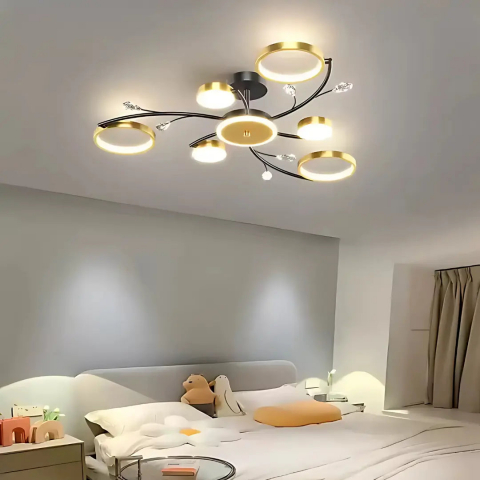 Lustre LED - Lustra LED cu Telecomnda KARINA, 31W, 6 Elemente, Lumina Calda/Rece/Neutra, Dimabila, Auriu