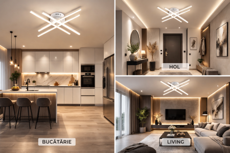 Lustre LED - Lustra LED dimabila 54W cu telecomanda, 4 elemente, iluminare tricolora, alb