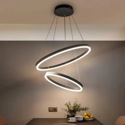 Lustre LED - Lustra LED suspendata 100W cu telecomanda, 2 cercuri, lumina reglabila, negru, inaltime ajustabila